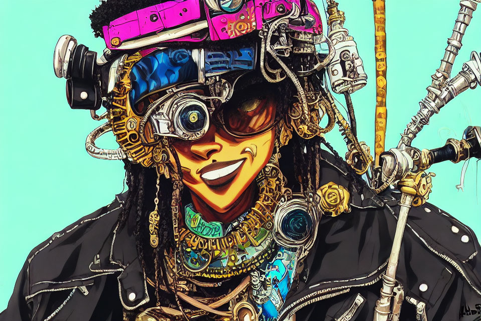 Vibrant cyberpunk character with goggles and dreadlocks in graffiti background