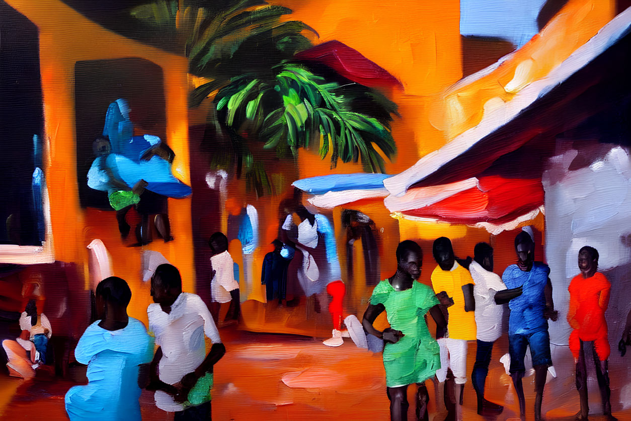 Vibrant Street Scene Painting with Blurred Figures and Palm Trees