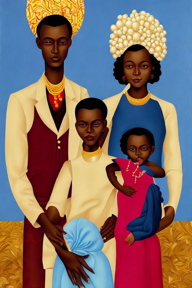 Stylized family portrait with rich colors and traditional attire