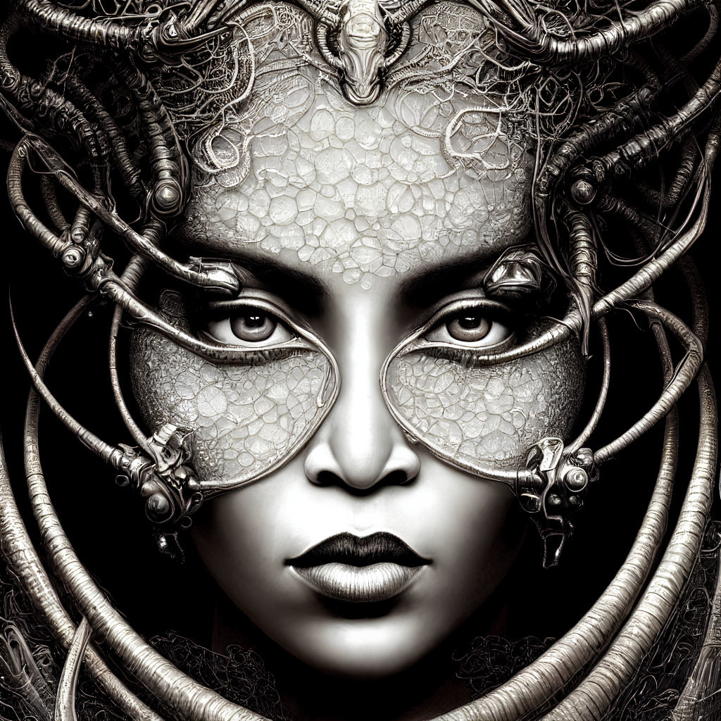 Monochrome artwork of woman's face with metallic adornments in hair.