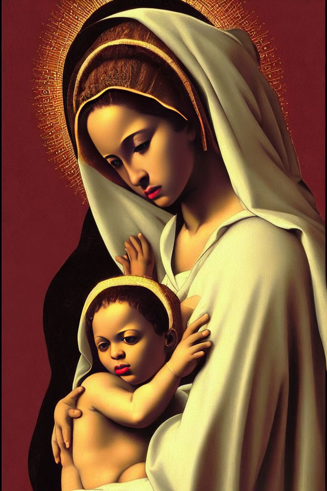 Religious Art: Mary and Baby Jesus with Halos on Red Background