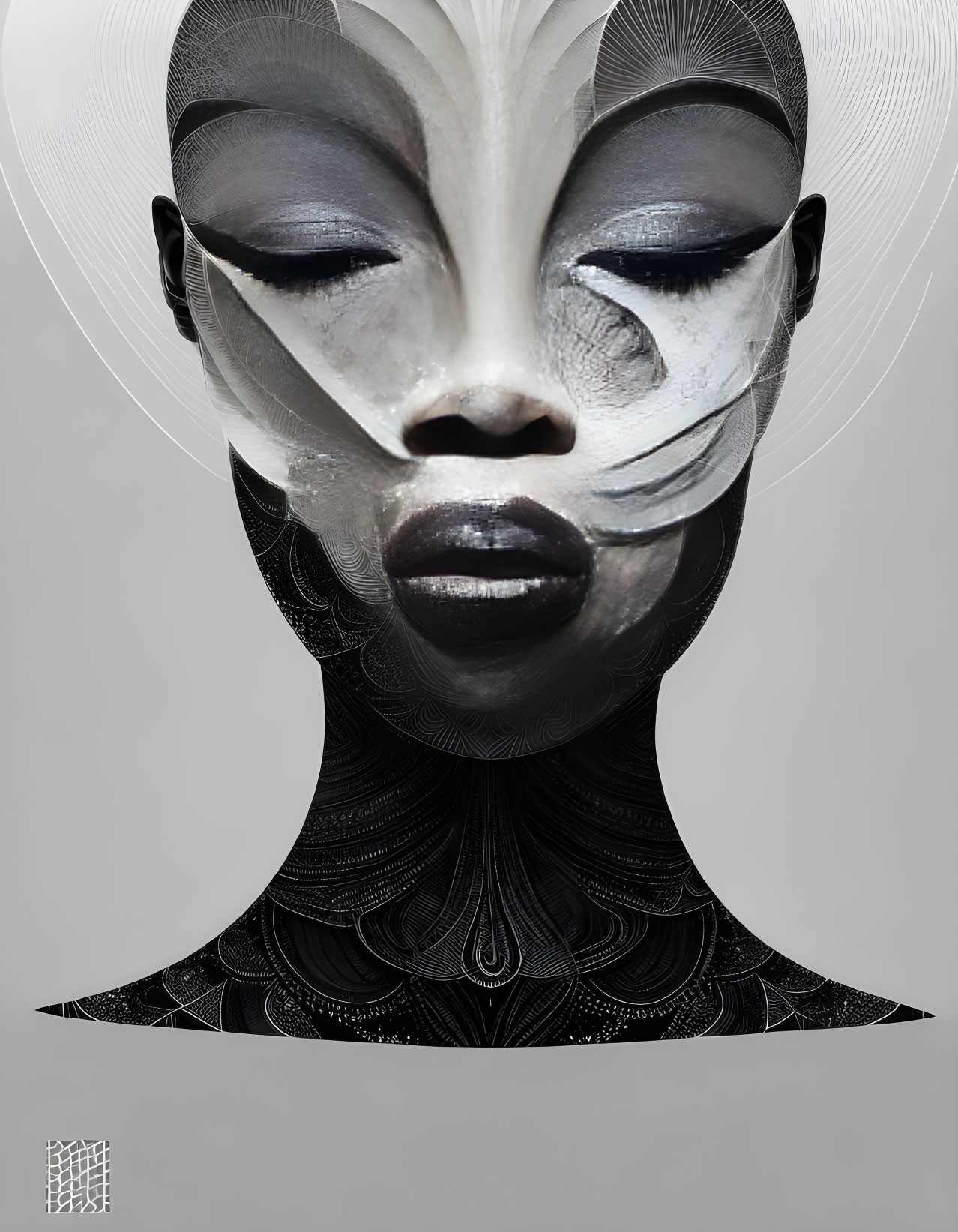 Futuristic monochromatic portrait of stylized female with intricate black patterns