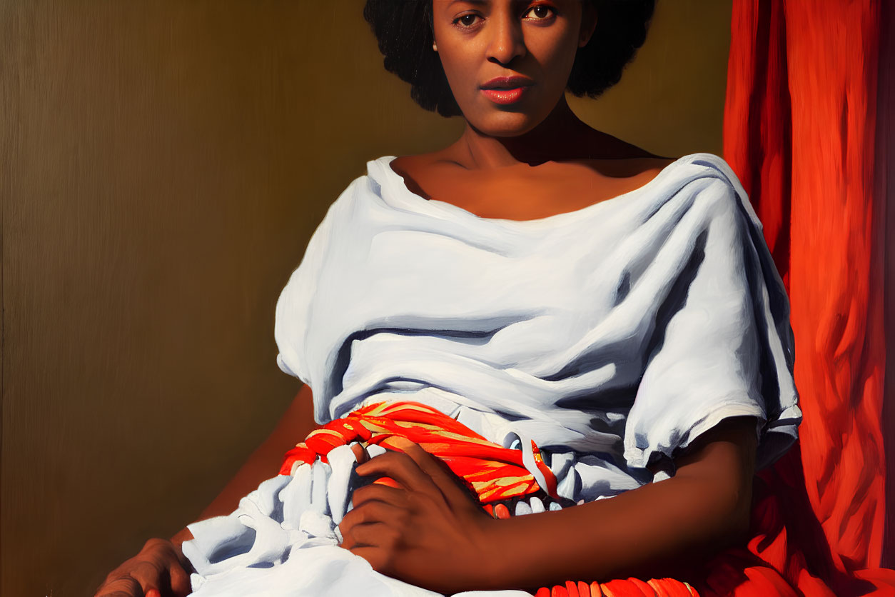 Woman in White Top and Red-Striped Skirt Sitting Against Brown Background