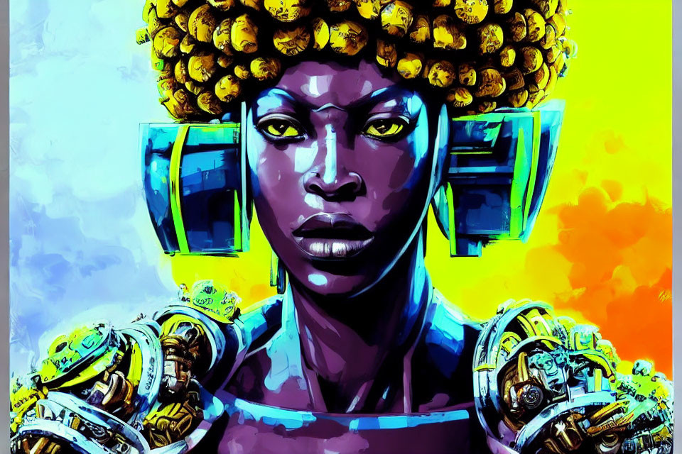 Colorful digital artwork: Woman with golden flower afro, blue skin, futuristic armor, on yellow