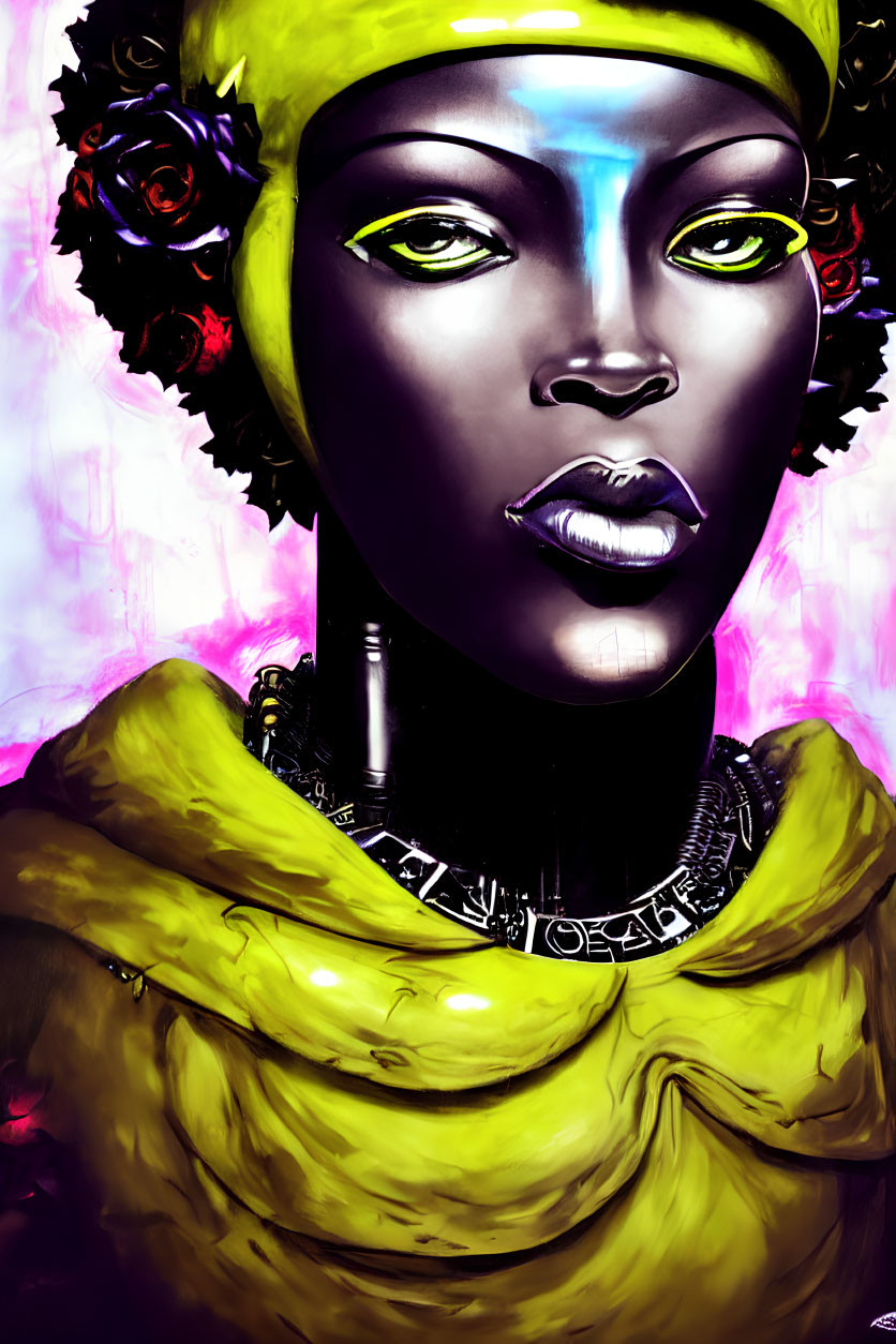 Vibrant yellow skin with blue facial markings and black roses: Artistic illustration.