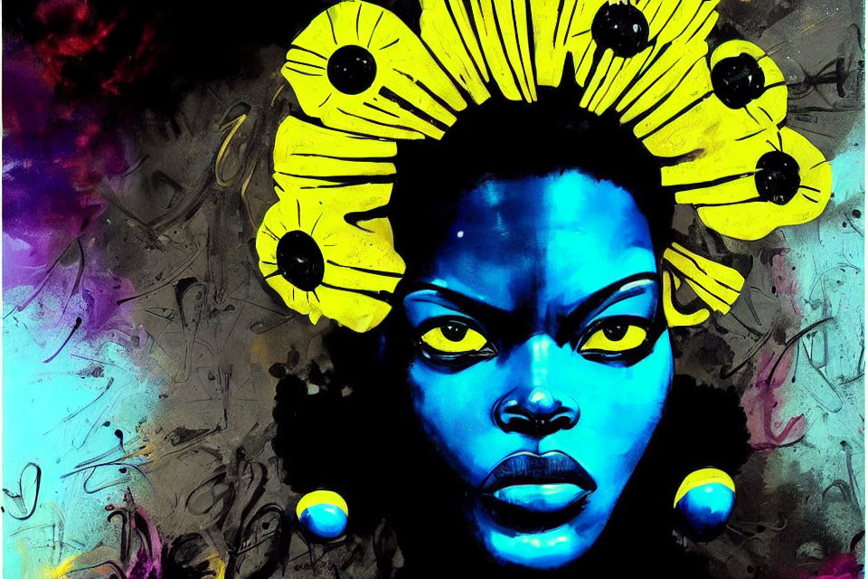 Colorful artwork featuring woman with blue skin and yellow headpiece