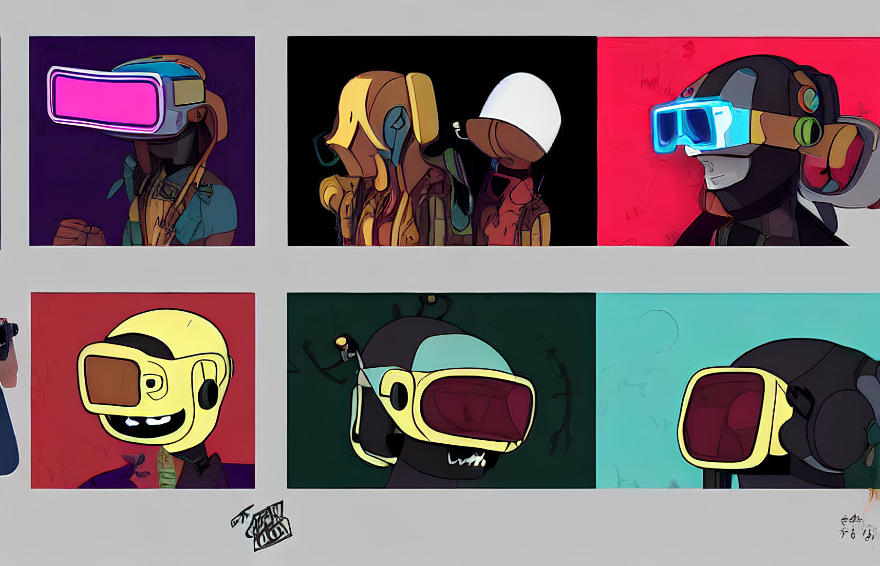 Six stylized character illustrations with VR headsets against colorful backgrounds