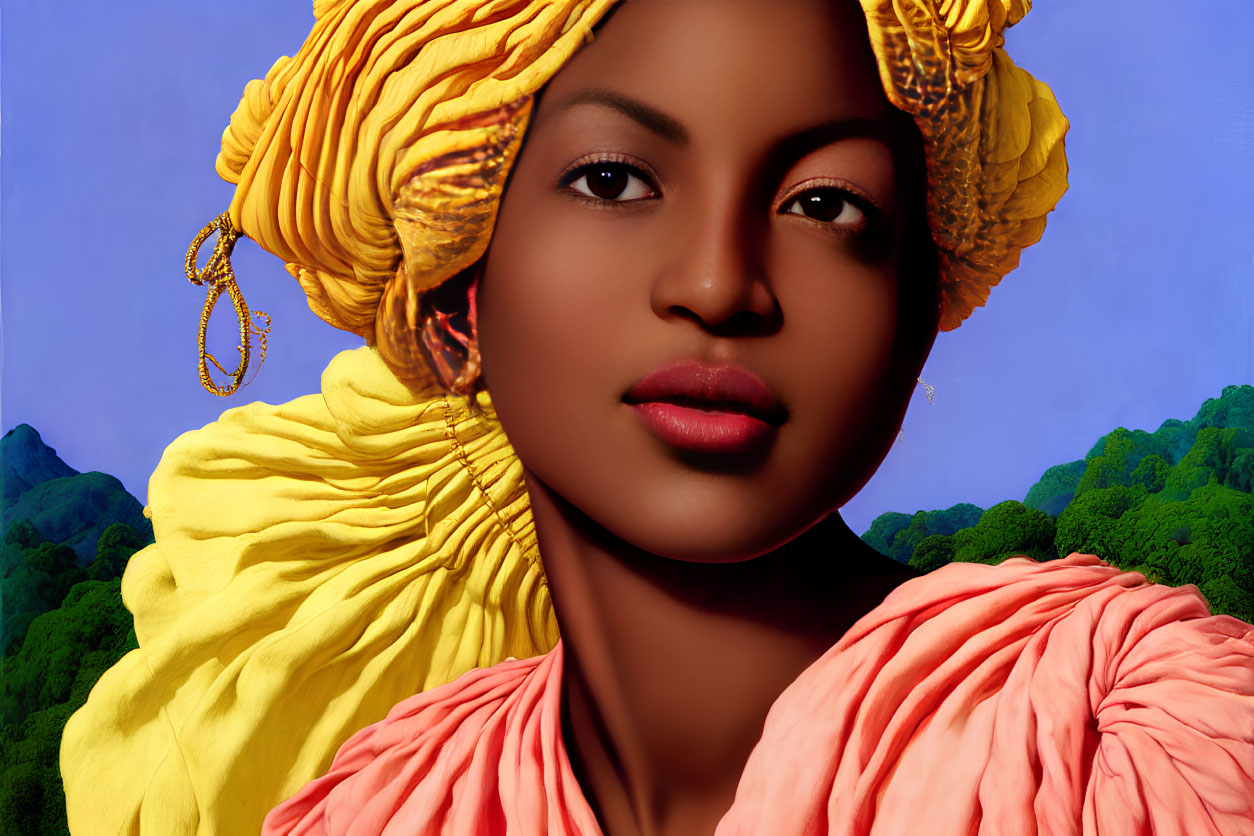 Woman in Yellow Headwrap and Coral Garment on Blue Sky and Green Hills