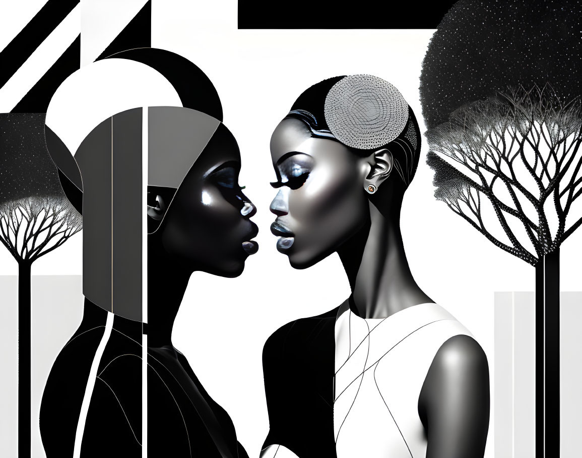 Monochrome stylized female figures in profile against abstract backdrop