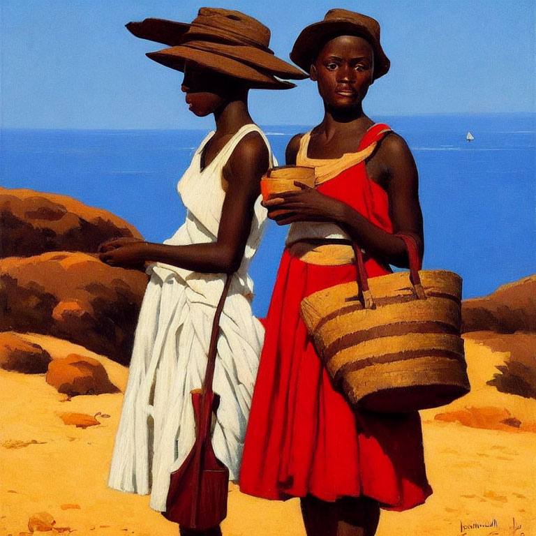 Two women in hats and dresses on seaside cliff with boat in distance, one holding a bowl, other