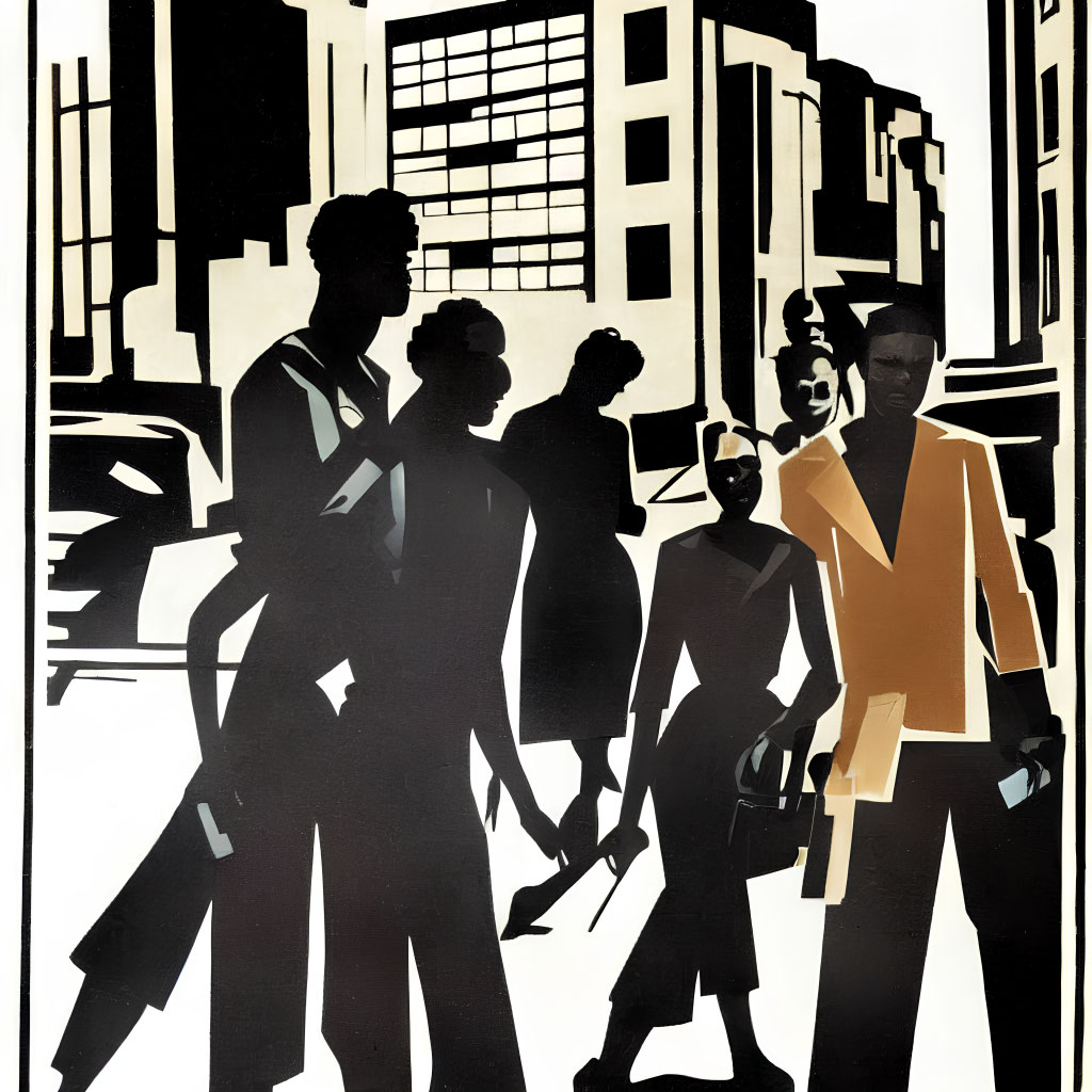 Stylized urban setting with five silhouetted figures.