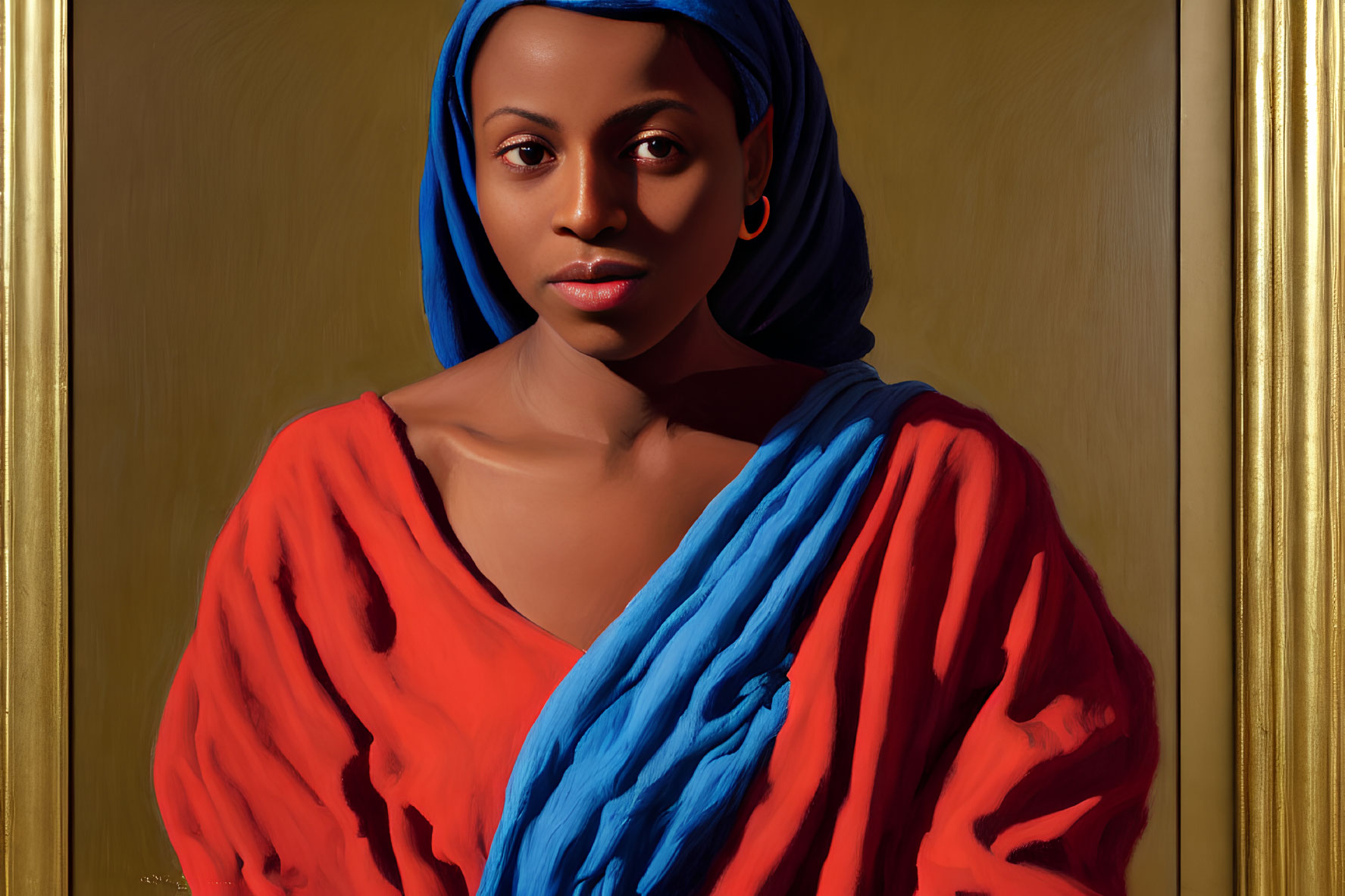 Woman in red garment and blue headscarf on golden background with serene expression