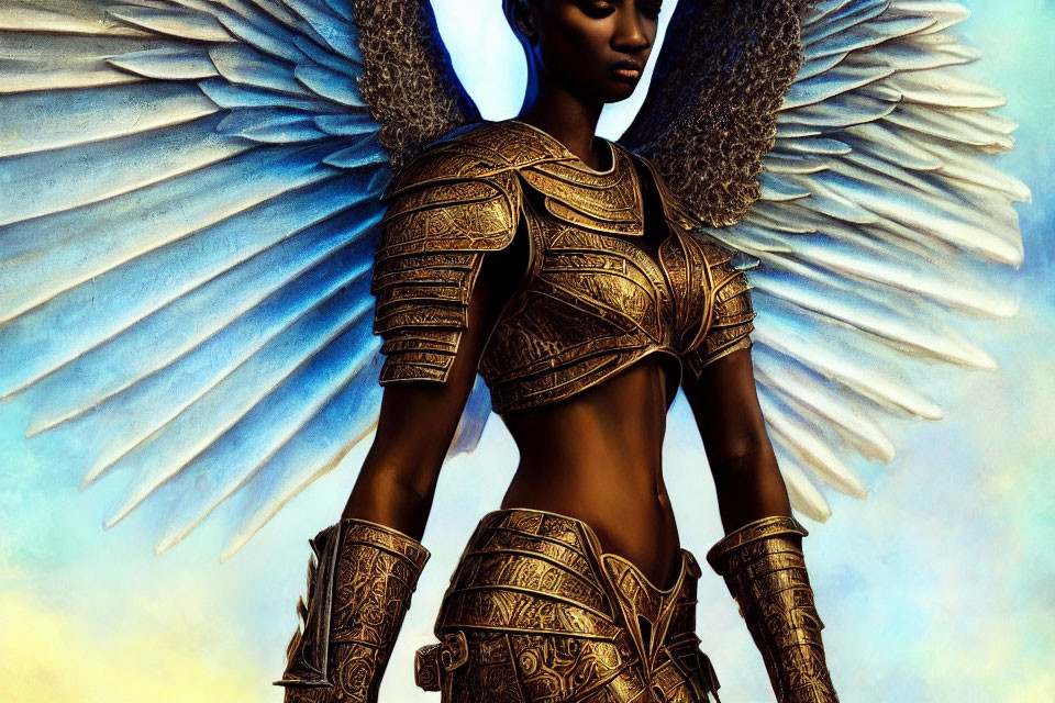 Golden-armored winged figure under sunlit blue sky