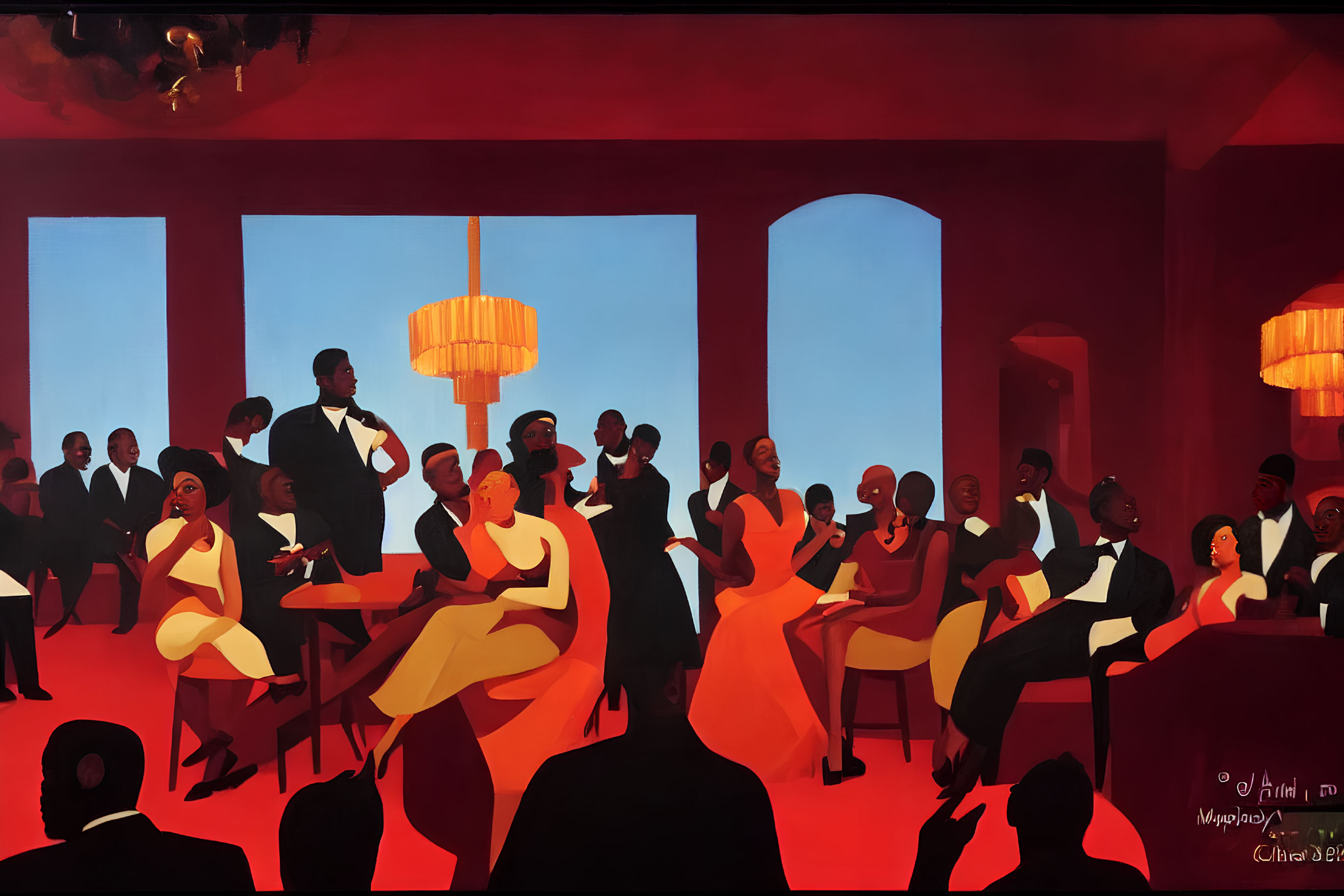 Sophisticated jazz club painting with well-dressed patrons dancing and socializing