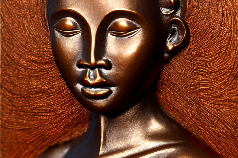 Bronze sculpture of serene female face with textured hair in warm sunlight