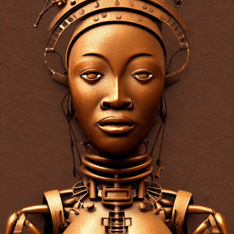 Bronze-toned futuristic robotic figure with detailed feminine face and African-inspired headdress.