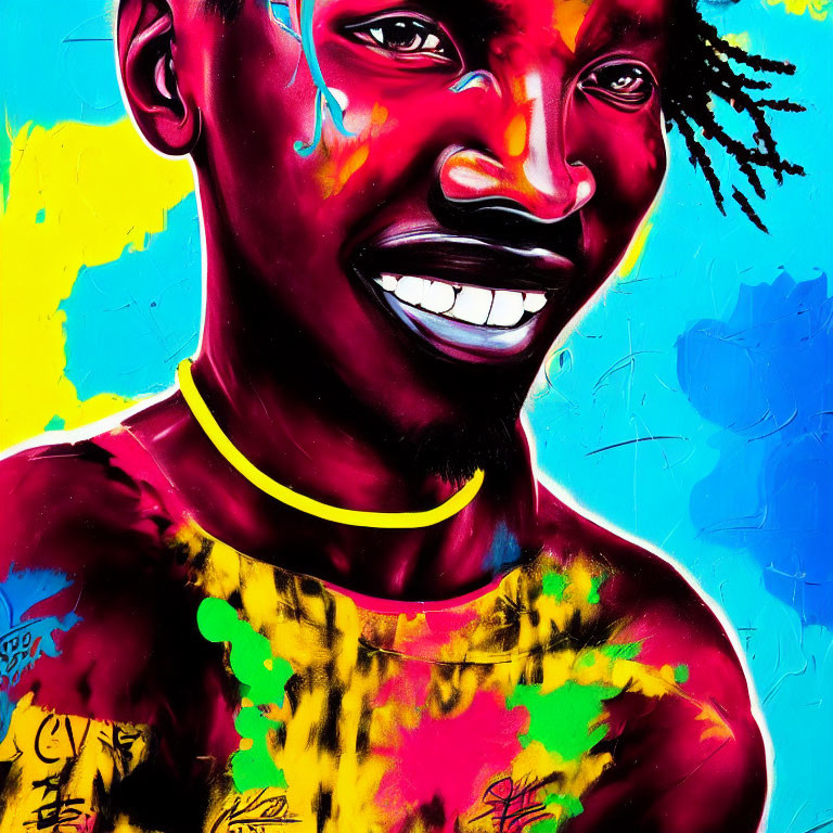 Vibrant street art style portrait with colorful paint splatter effects