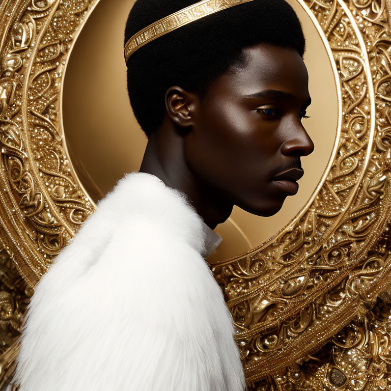 Dark-skinned person in gold tiara and fur garment against ornate golden background