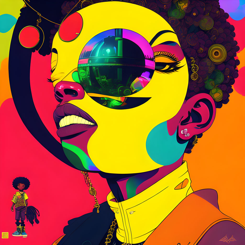 Vibrant digital artwork featuring stylized woman with reflective visor