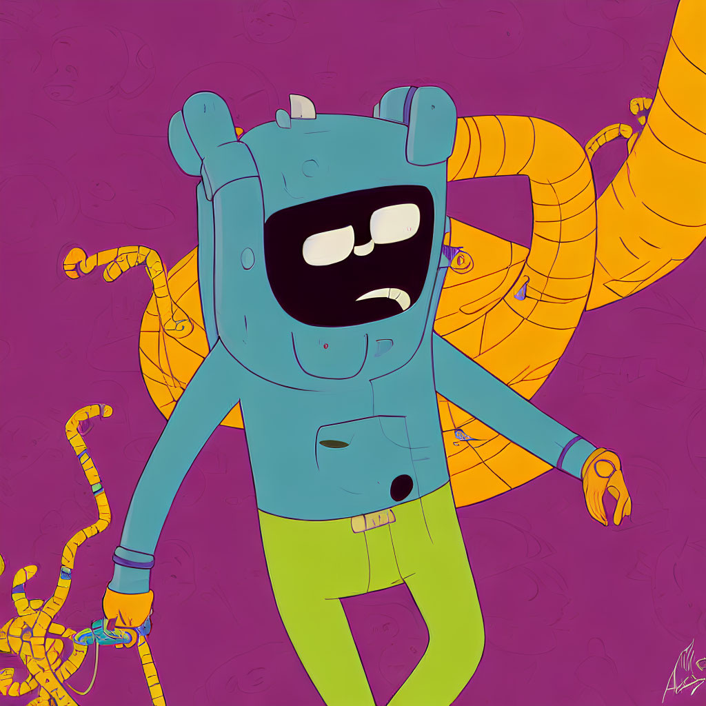 Blue Robot Character with Yellow Arms on Purple Background