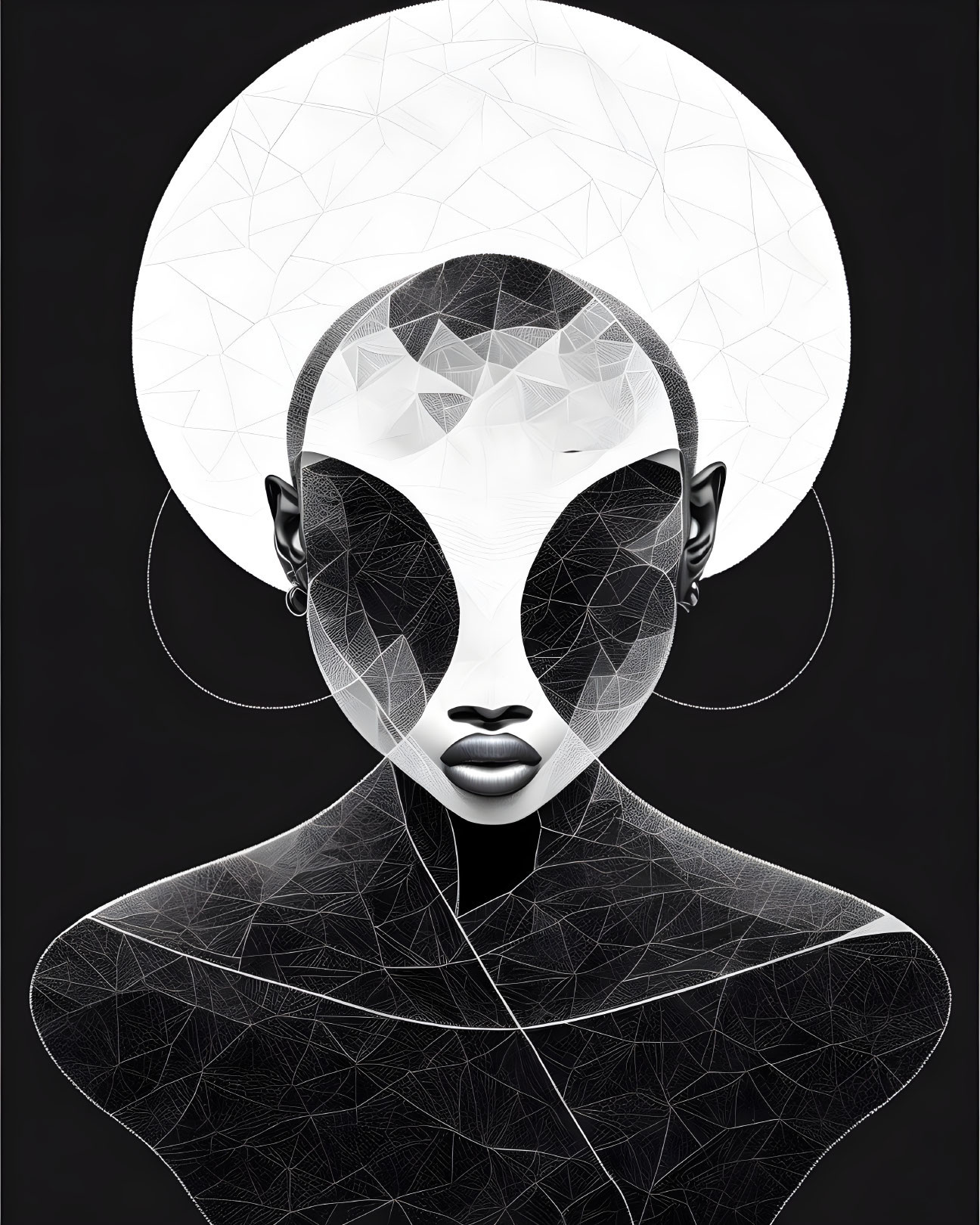 Monochrome digital art: stylized female figure with geometric patterns and circular halo.