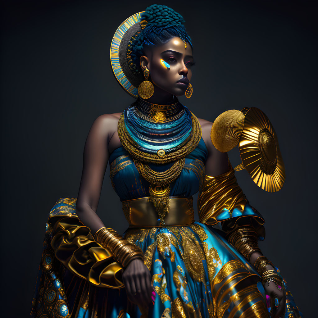 Regal woman in gold and blue African attire with intricate jewelry and headdress