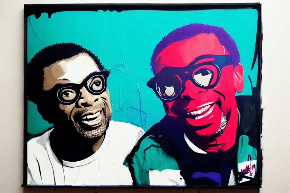 Vibrant pop art painting of smiling figures with black glasses on blue background