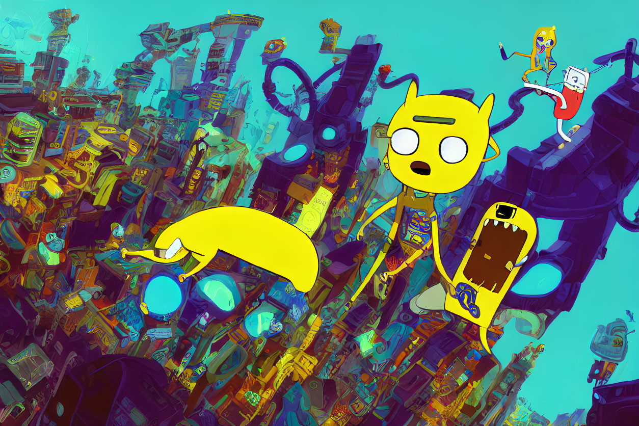 Colorful animated characters float over chaotic futuristic cityscape.