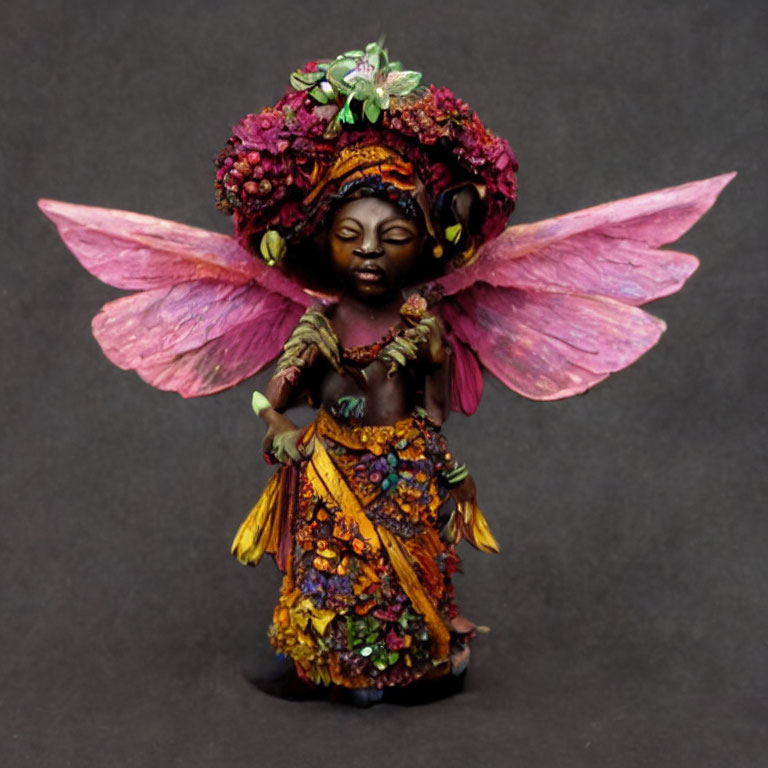 Fantasy fairy figurine with floral hat and dress on dark background