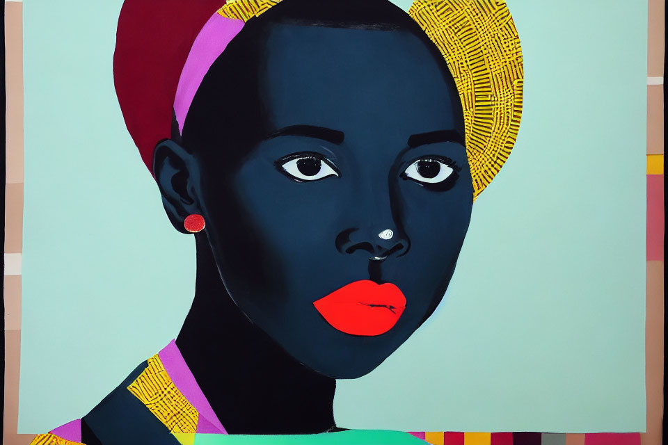 Vibrant pop art portrait of dark-skinned woman with red lips and yellow headpiece