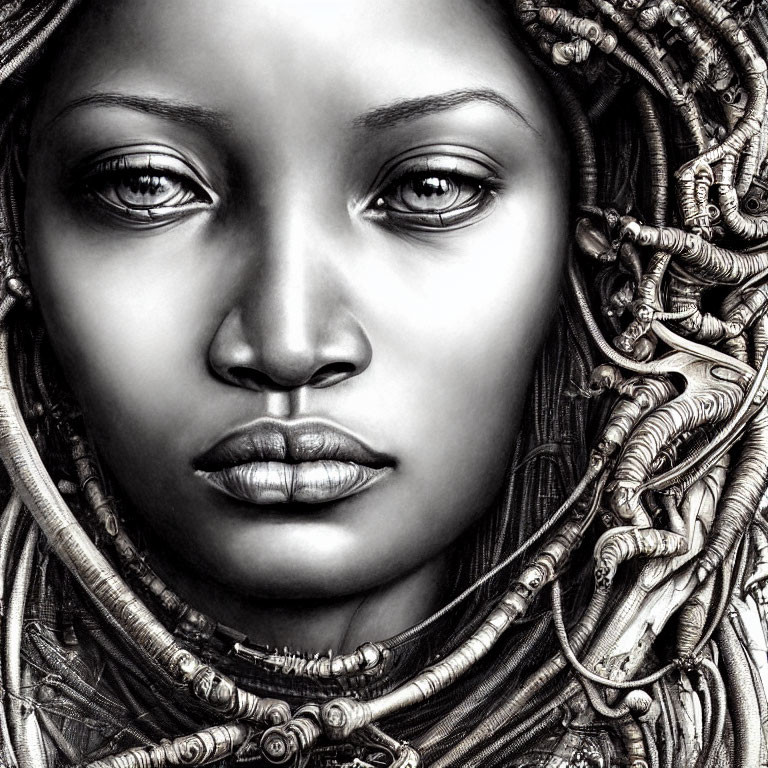 Detailed black and white illustration of woman with textured hair and intense gaze