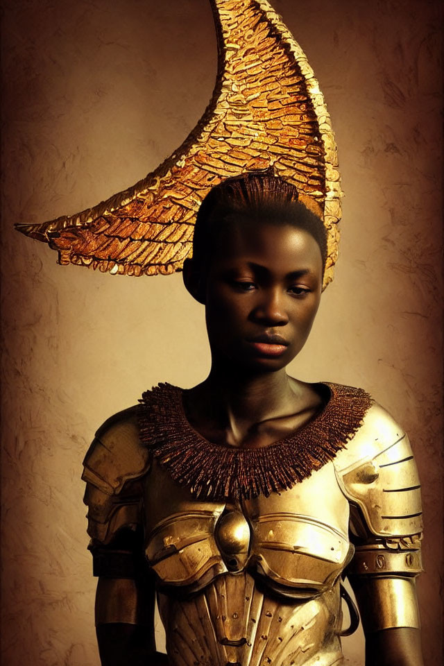 Dark-skinned person in golden armor and majestic headdress with bird feather texture