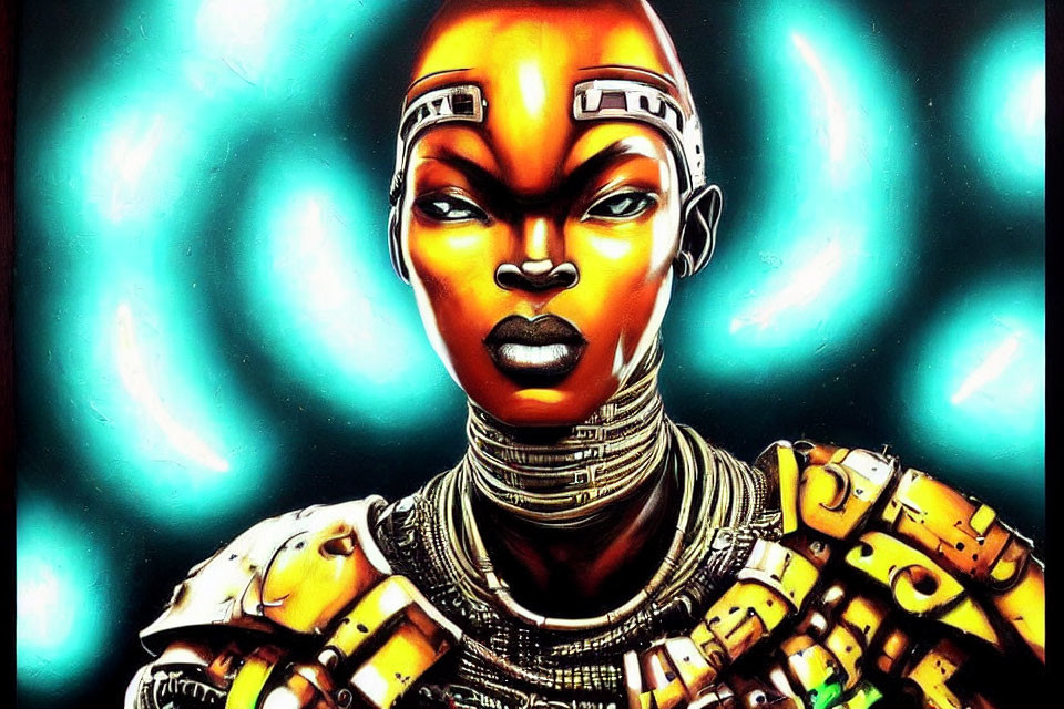 Futuristic African warrior woman in golden armor with face markings