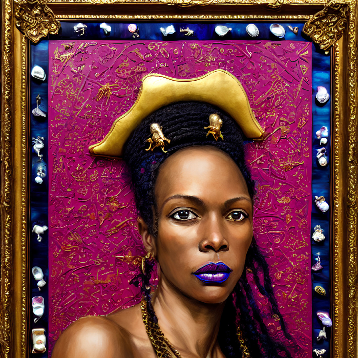 Intense gaze woman portrait with blue lips and beret on red backdrop