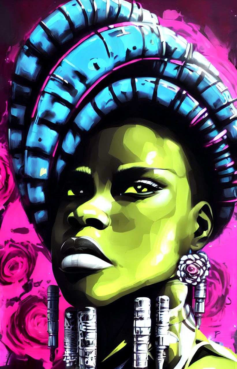 Vibrant digital portrait with ornate headpiece and futuristic earring