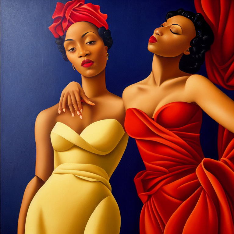 Two women in elegant dresses and headwraps on blue background