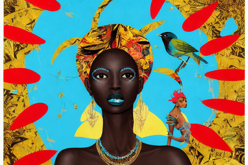 Colorful artwork of woman with blue lips, golden headwrap, and bird on patterned background