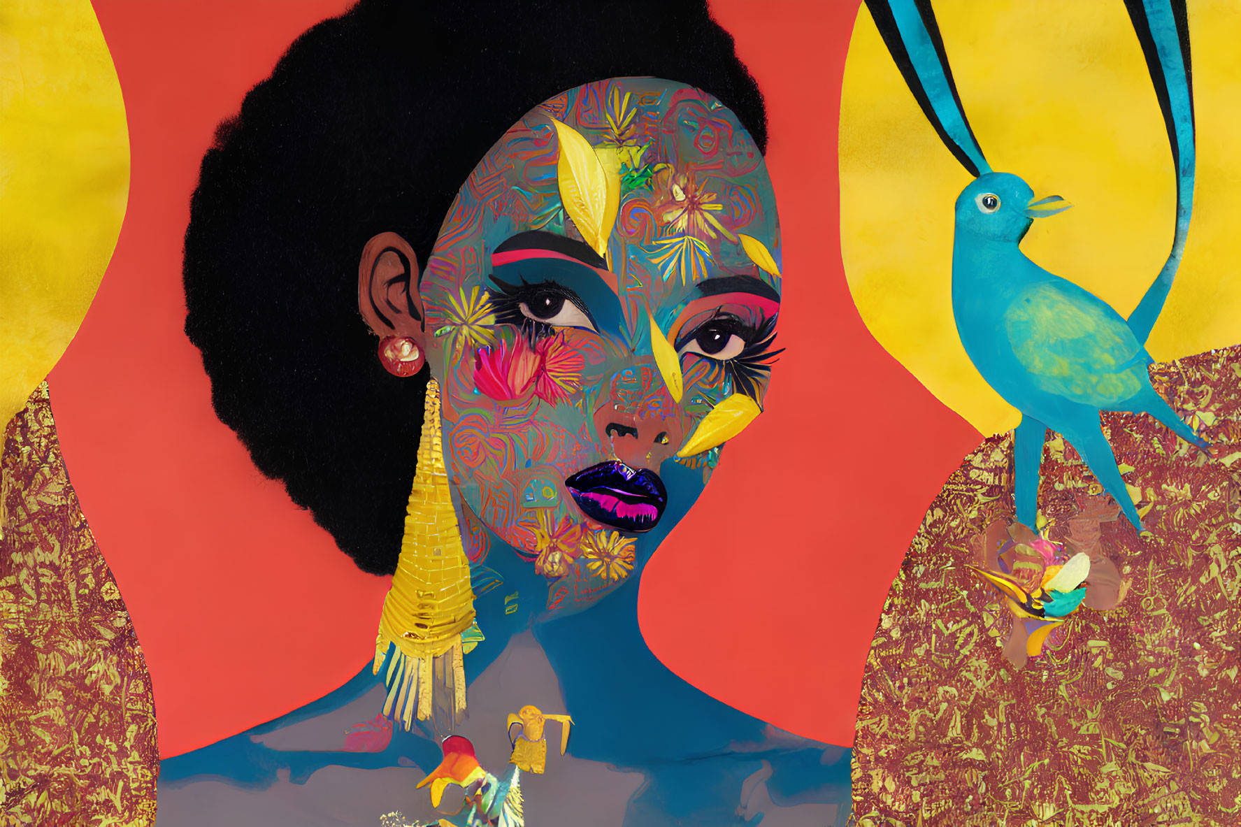 Vibrant woman illustration with patterned face and afro on colorful backdrop