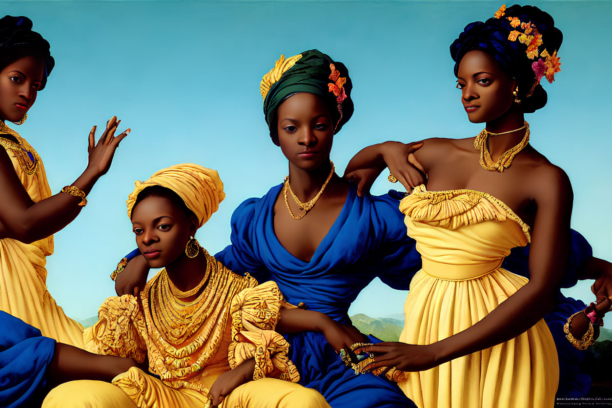 Four women in yellow and blue traditional outfits with golden jewelry, mountains backdrop