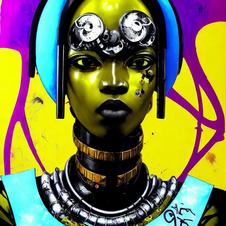 Colorful Stylized Female Figure Artwork with Futuristic Goggles