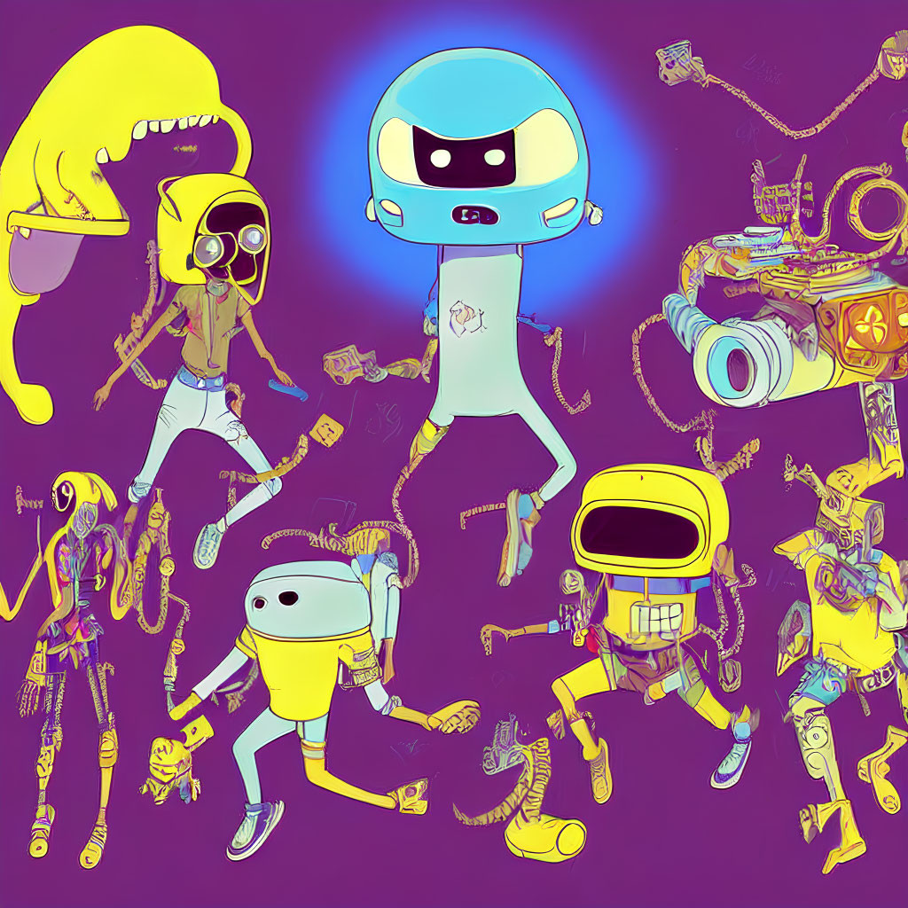 Colorful Illustration with Blue Robot and Animated Characters on Purple Background