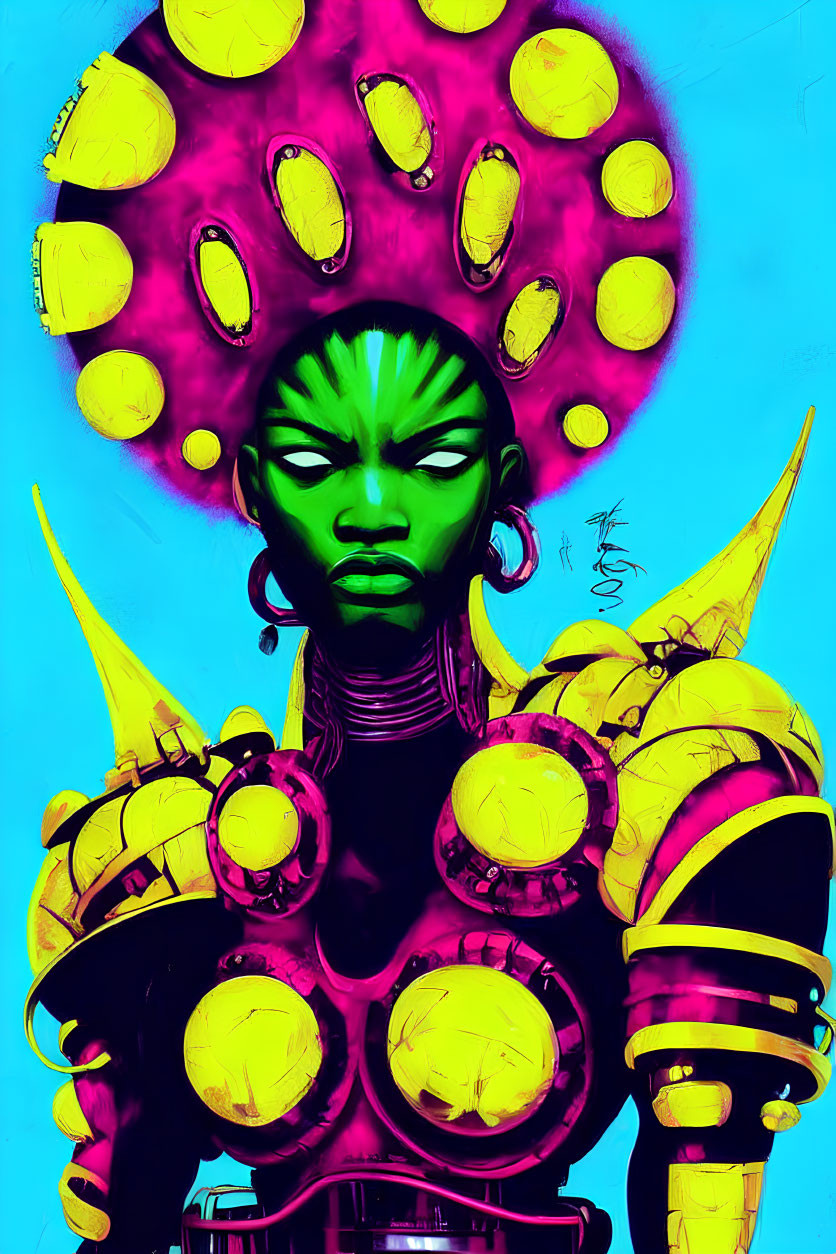 Colorful character illustration with green skin, pink afro, and yellow armor on blue backdrop