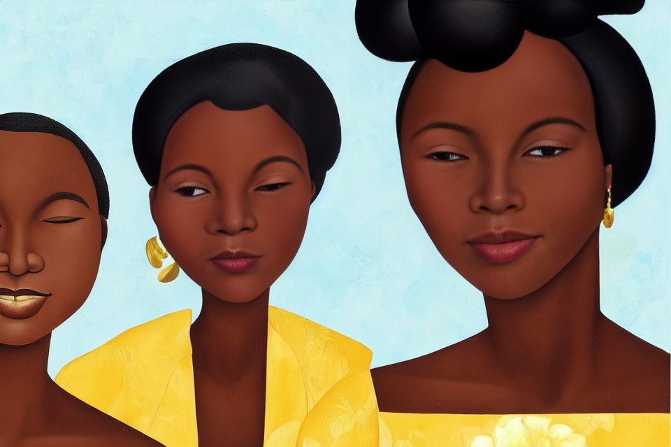 Stylized women with brown skin and elegant hair in yellow garments