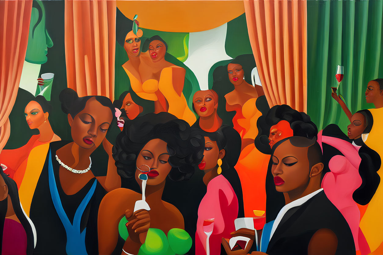 Colorful painting of elegantly dressed women in a vibrant gathering setting.