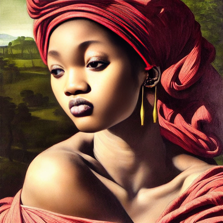 Digital artwork blending classical and modern styles of a woman in red headwrap and gold earring against pastoral