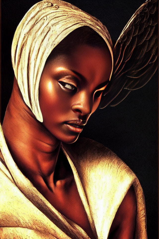 Woman with Headscarf and Winged Shoulder in Golden and Bronze Tones