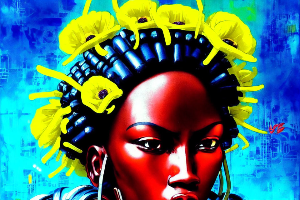 Colorful artwork featuring woman with red skin and floral bullet headdress