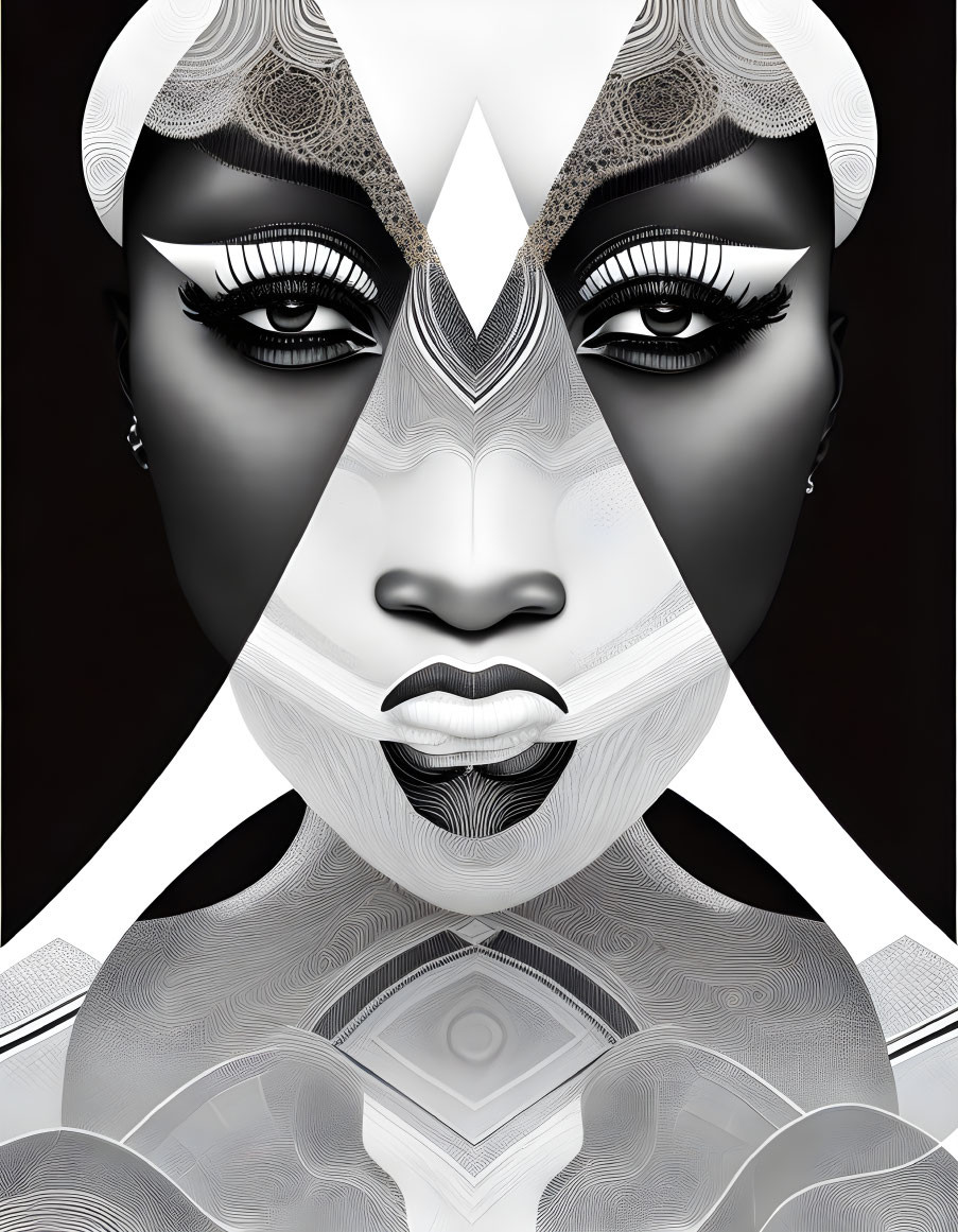 Symmetrical monochromatic art: Two merged female faces with intricate patterns.