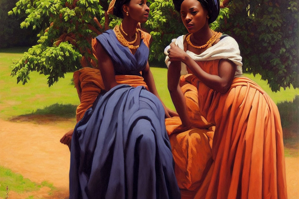 Two women in historical dresses with ruffled collars under a tree.