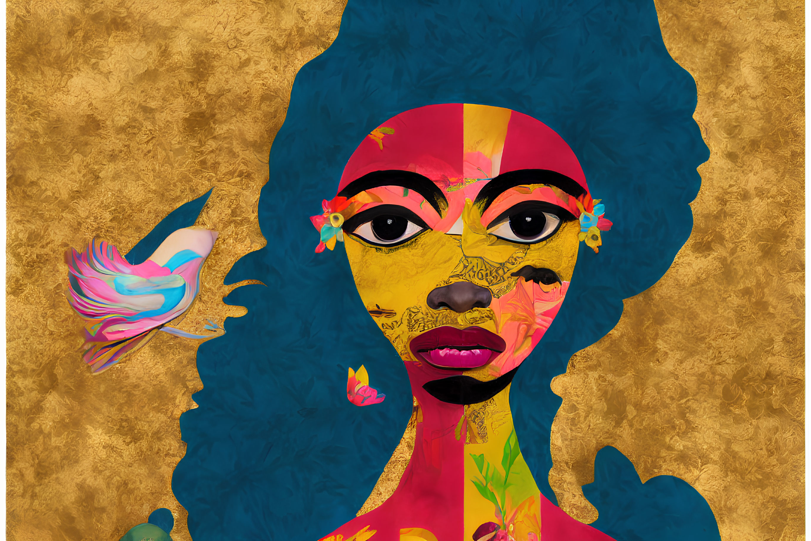 Vibrant woman with face paint and floral elements on textured gold background